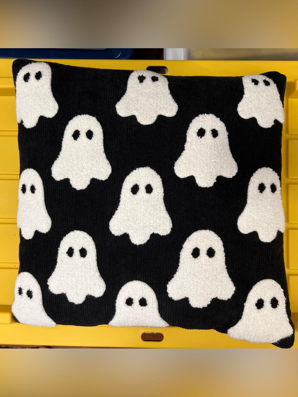 Spooky Hollow Halloween Ghost Pillow Corduroy Black & White Ghosts 18"